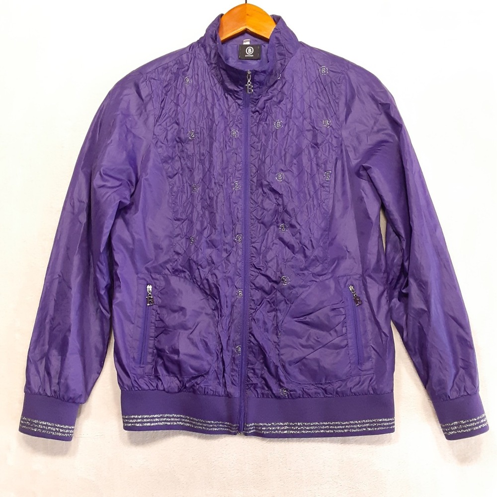 Bogner Womans Windbreaker Track Jacket M Purple Quilted Pattern Metallic Accents